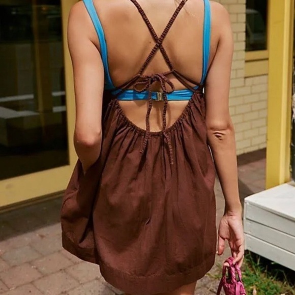 Free People brown Tell All Mini strappy babydoll style dress size small new - Picture 4 of 5